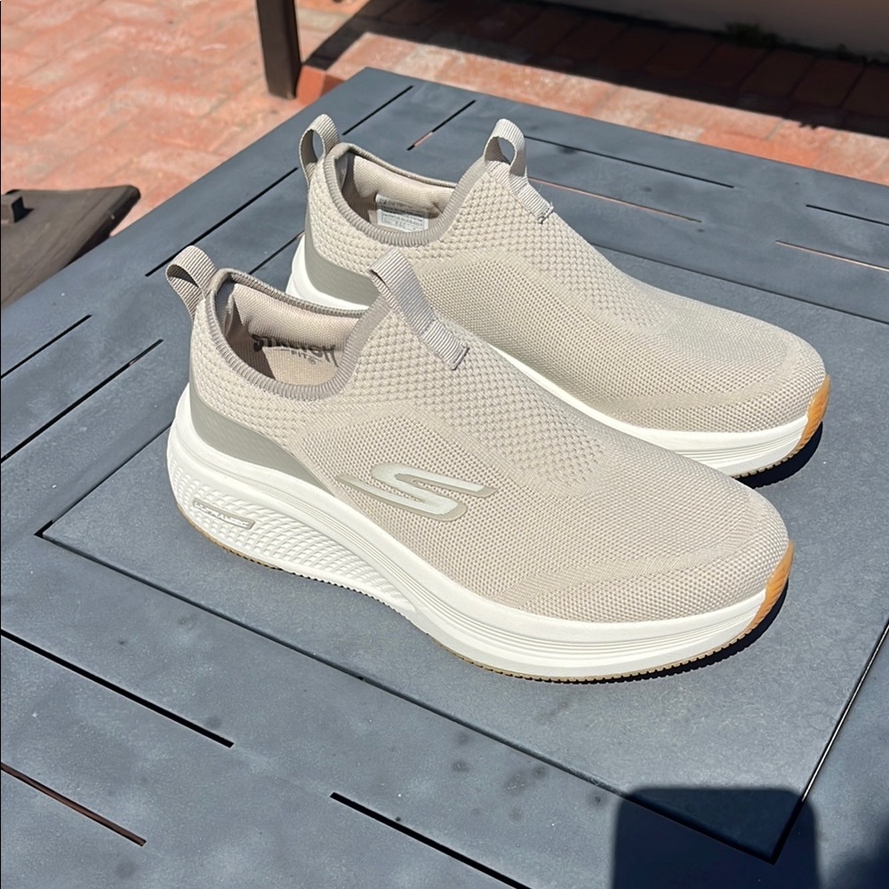Skechers Tan and White Slip-On Sneakers with Cushioned Collar